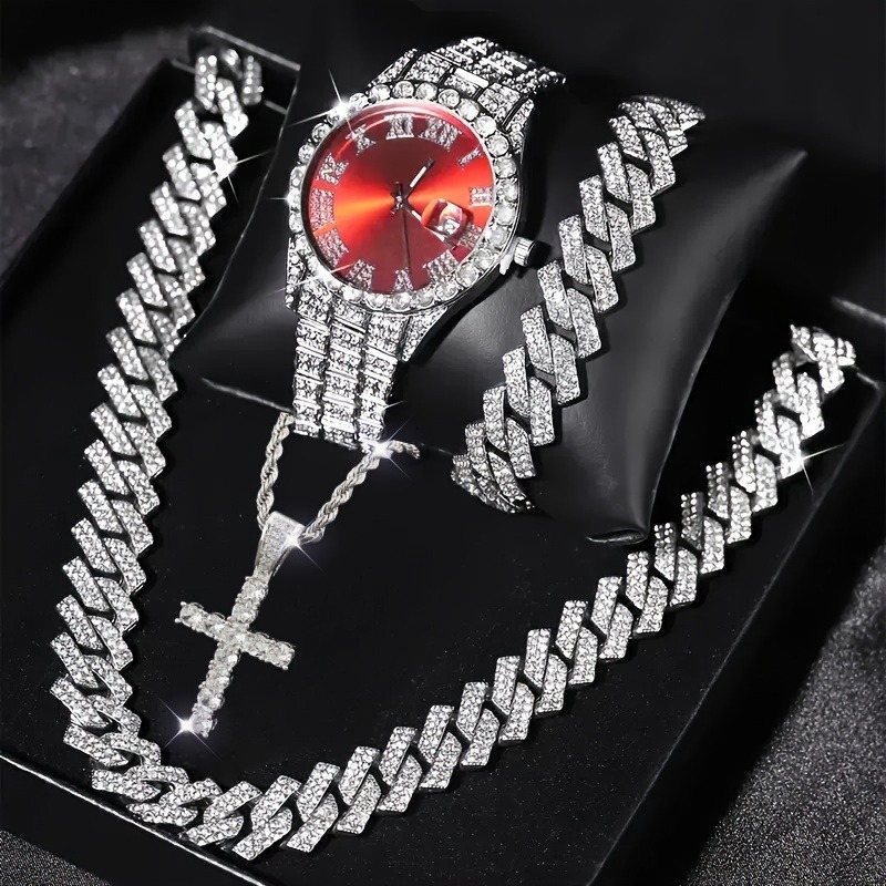 3/4PCS 힙합 아이스 아웃 남성용 시계 주얼리 세트 - Icebox Jewelry Watches 리뷰 및 가격